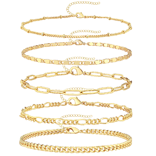 DEARMAY Gold Bracelets & Anklets for Women Waterproof, 14K Gold Plated Jewelry Sets Trendy Thin Dainty Stackable Cuban Link Paperclip Chain Bracelet & Anklet Pack Fashion Accessories Gifts for Women