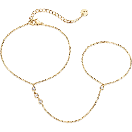 PAVOI 14K Gold Plated Hand Chains for Women - Adjustable Hand Chain Bracelet and Ring - Trendy Gold Handchain Bracelet Stack Summer Jewelry - Beads, Pearl, and Cubic Zirconia Body Jewelry