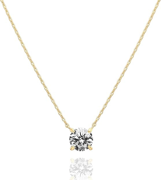 Dainty 14K Gold Plated Solitaire CZ Necklace for Women