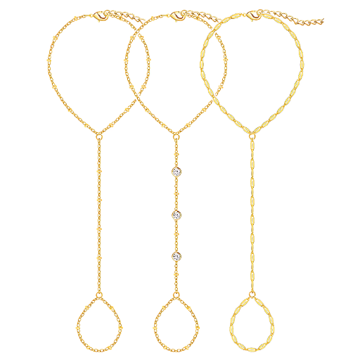 3PCS 14K Gold-Plated Hand Chain Bracelets for Women, Stack Bracelets Set Adjustable, Trendy Dainty Ring Bracelet Hand Chain